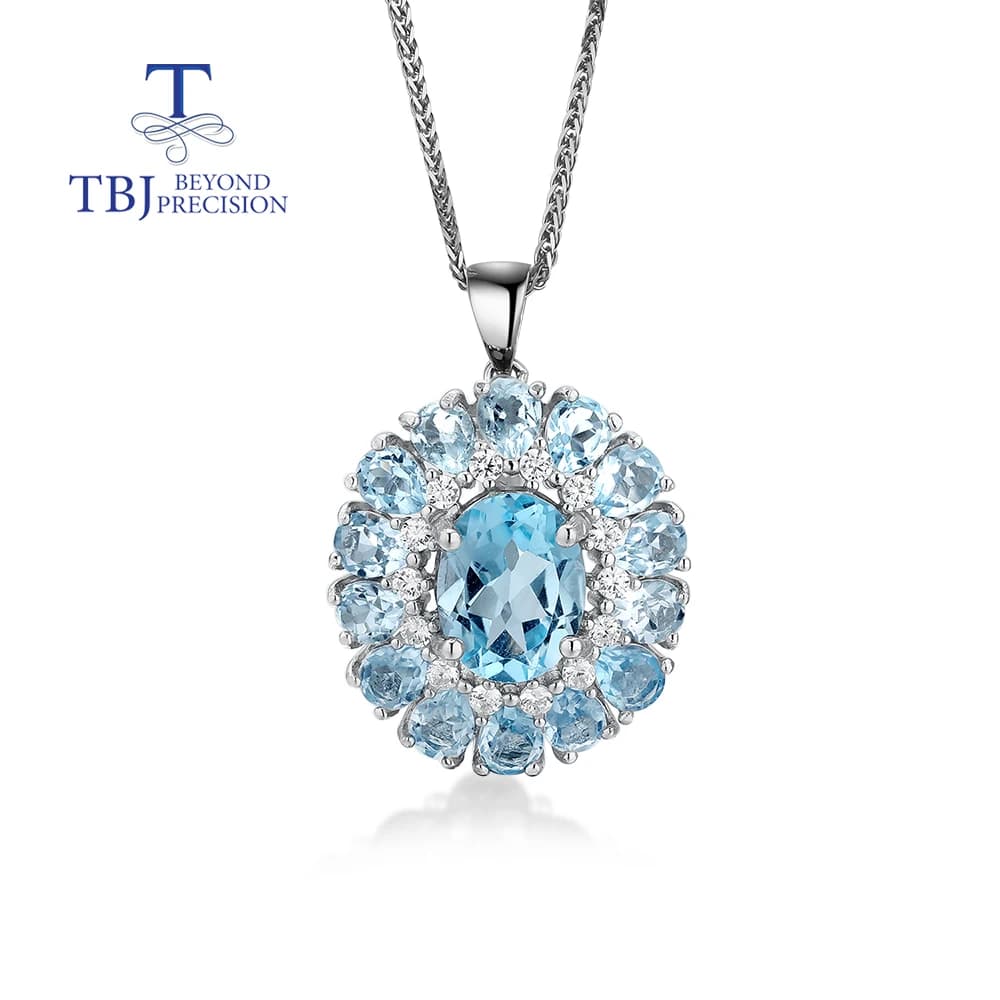 Collier pendentif en topaze bleue naturelle, design rond, magnifique bijou pour femmes, en argent st