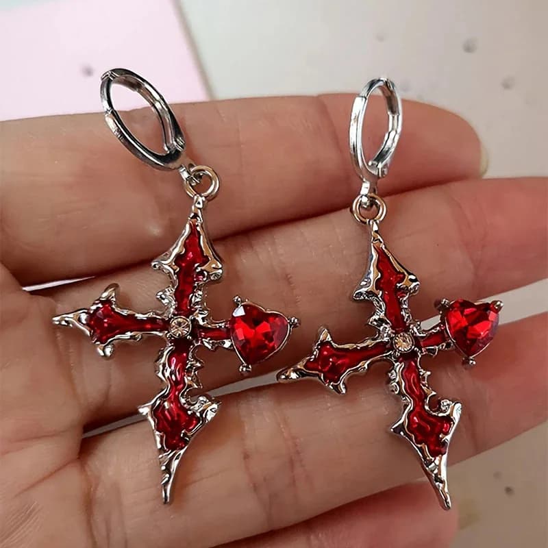 Boucles d'oreilles gothiques en forme de croix rouge pour femmes et hommes, Halloween Street Punk Hi