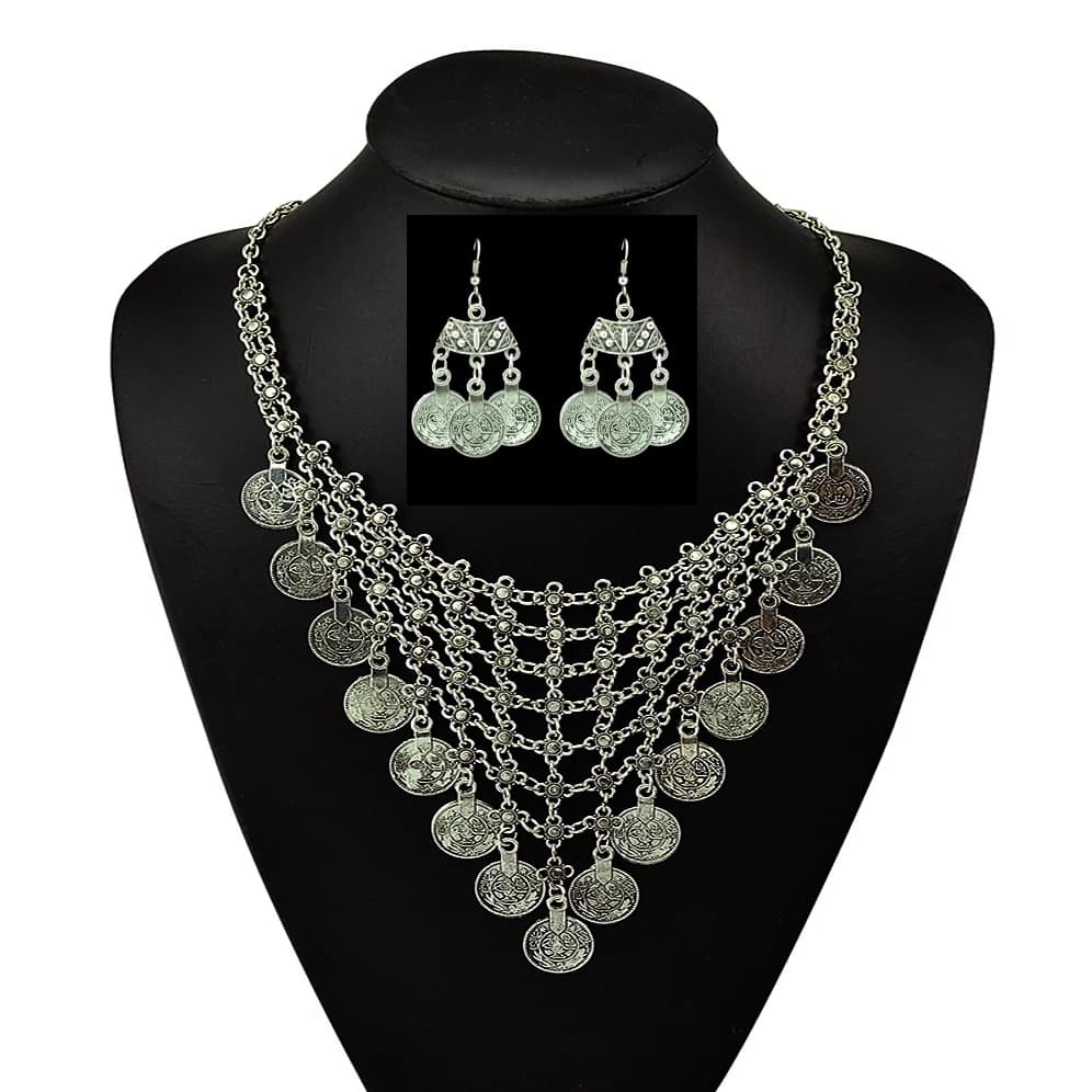 Vintage pièces argentées collier boucles d'oreilles gitane ethnique Tribal turc Afghan inde Pakistan