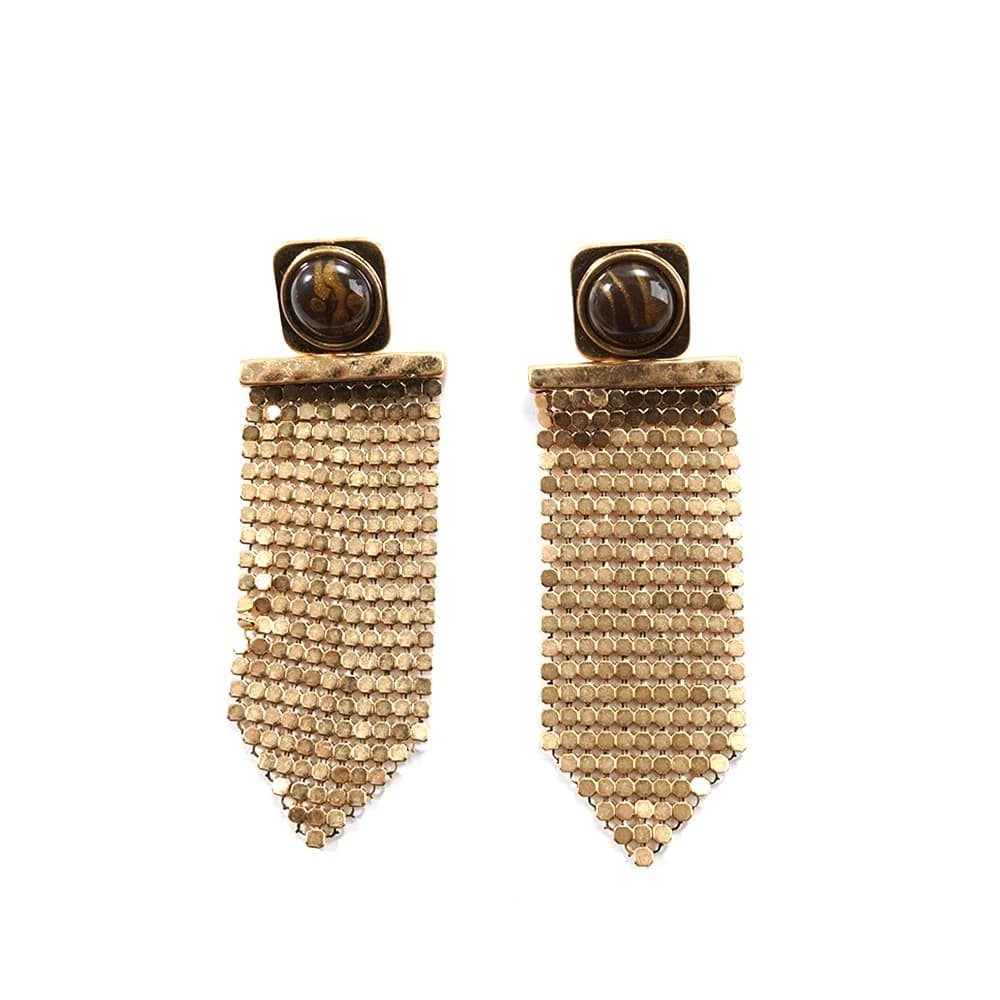 Boucles d'oreilles Art Déco martelées en maille dorée avec franges, motif tortue en spirale, cabocho