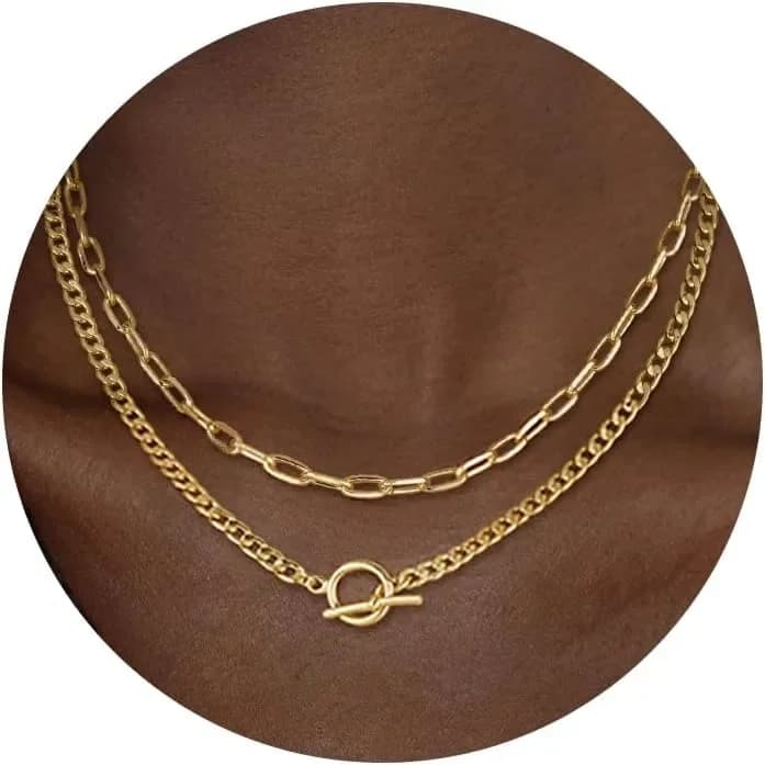 Collier superposé en or pour femmes, plaqué or K, lien cubain, trombone, chaîne, fermoir à bascule,