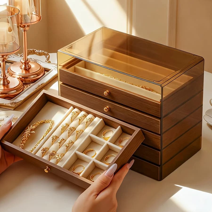 Boîte de rangement à bijoux vintage en bois à 5 étages avec couvercle transparent