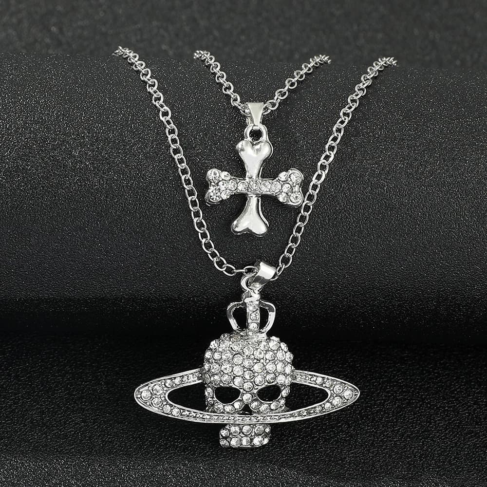 Pendentif crâne en strass, longue chaîne croisée, collier Vintage Punk Goth Style pour femmes et hom