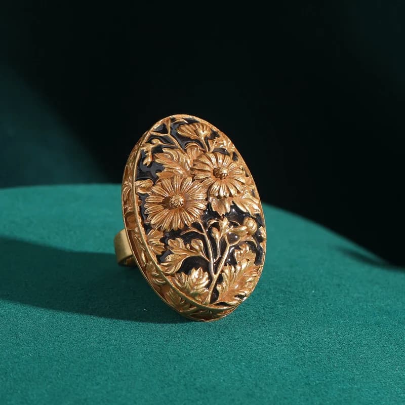 Bague Art Déco vintage pour femme – Bague pendentif en émail floral sculpté à la main plaqué or 18 c