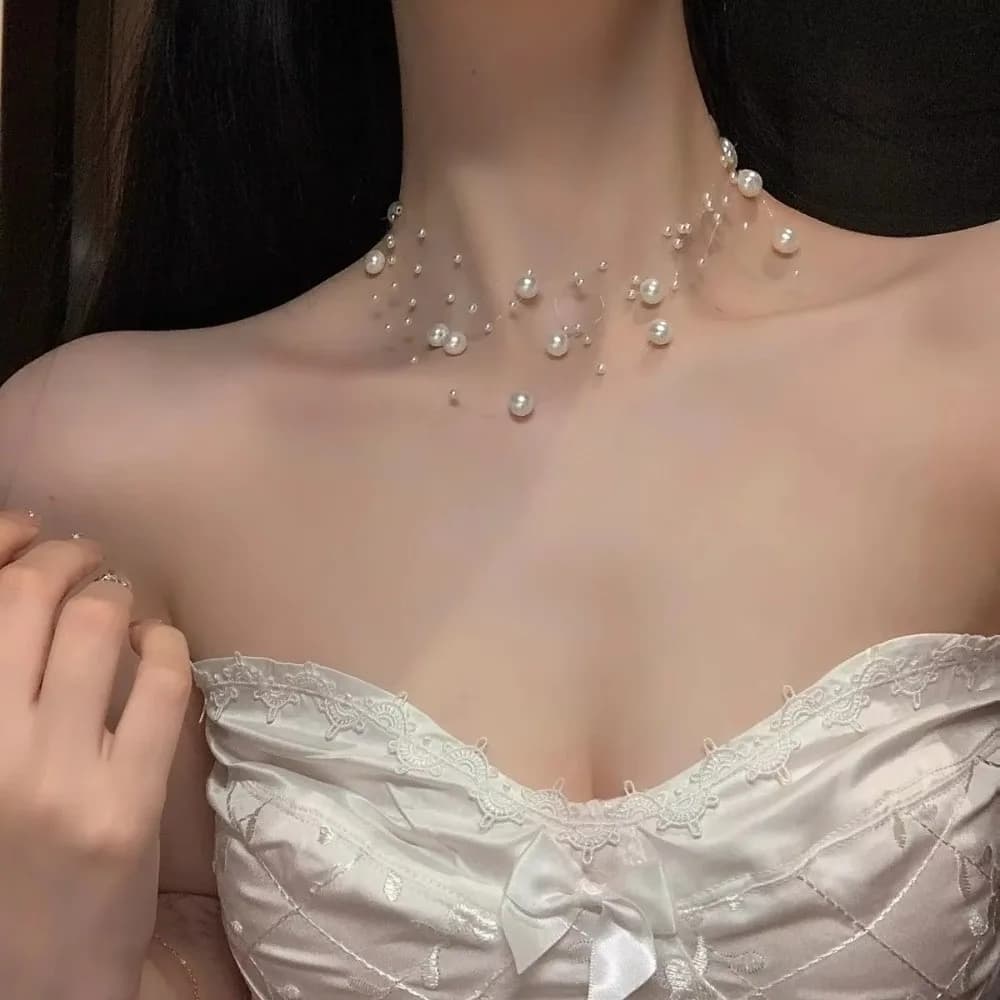 Collier de perles blanches à la mode, longueur réglable, chaîne de pull multicouche, bijoux pour fem