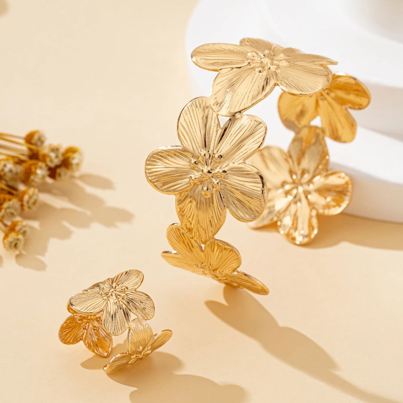 Ensemble de bijoux pour femmes, style bohème, bracelet et bague en métal ouvert réglables, motif fle