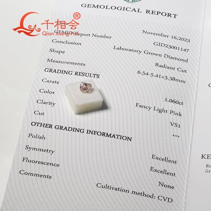 Diamant CVD de laboratoire taille Radiant 1 carat, clarté VS1, rose clair fantaisie, certifié GEMID,