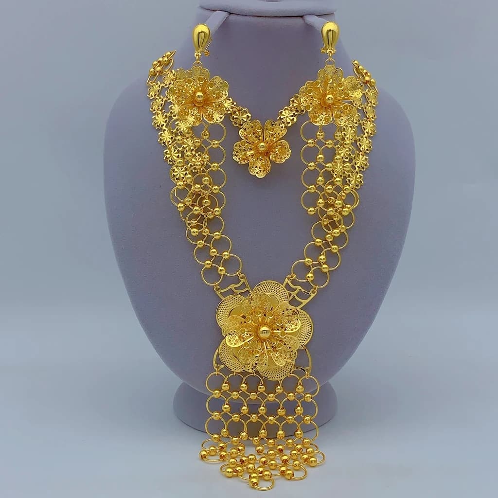 Parure de bijoux de luxe italienne avec collier long à fleurs et boucles d'oreilles pour femme, coul
