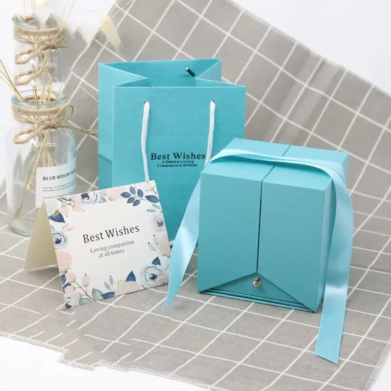 Boîte à bijoux rose éternelle avec sac, bague, boucles d'oreilles, collier, boîte de rangement, cade