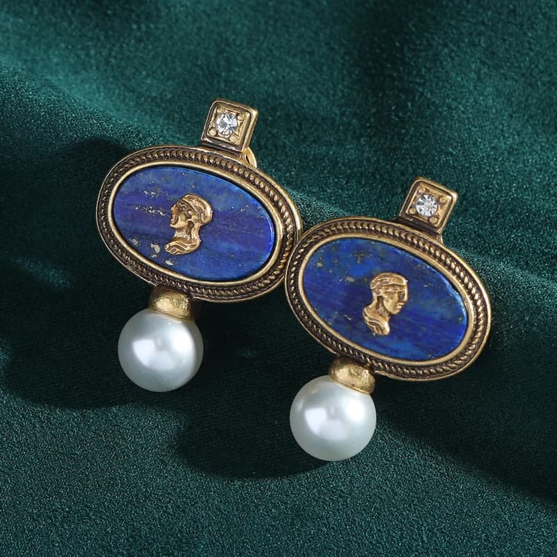 Boucles d'oreilles antiques en Lapis Lazuli, couleur or, Portraits sculptés Vintage, ovales, bijoux