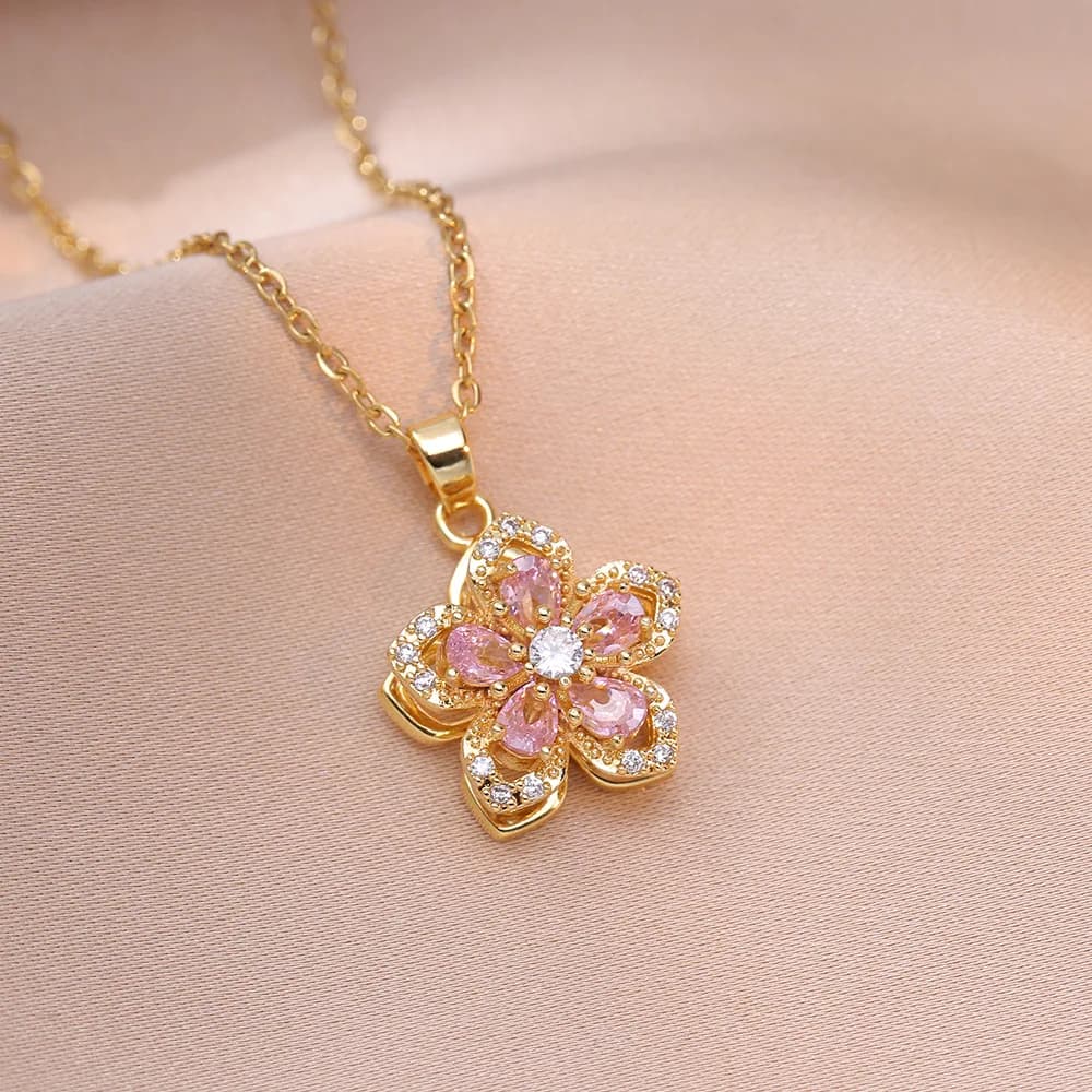 Collier pendentif fleur en Zircon brillant pour femmes, exquis, fleurs rotatives de luxe, chaîne en