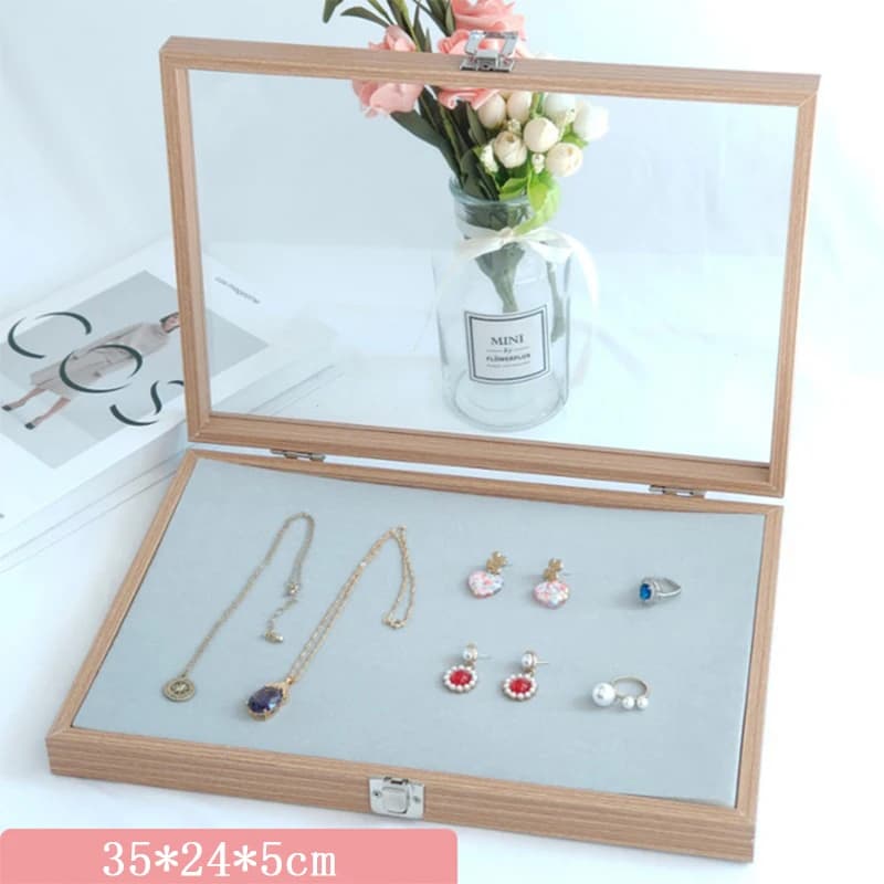 Boîte à bijoux à couvercle Transparent, boîte de rangement en bois, plateau à bijoux en grille, vitr