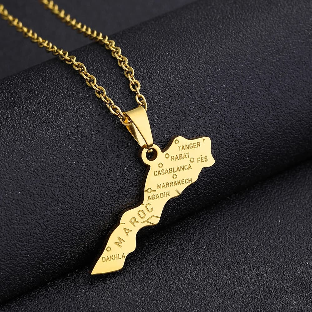 Collier avec pendentif carte marocaine en acier inoxydable pour femmes et filles, breloque couleur o