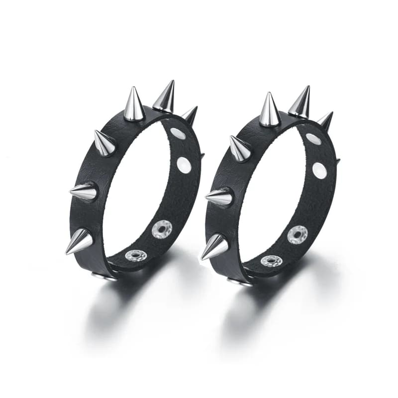 2 pièces/ensemble Bracelet à pointes en cuir Pu noir Bracelet Punk Rock Bracelet en métal pour homme