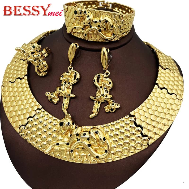 Grand ensemble de bijoux de luxe plaqué or 18 carats, collier léopard, Bracelet épais, forme animale