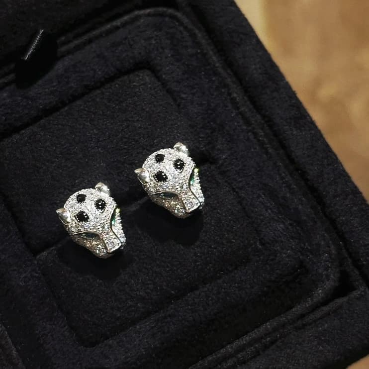 Boucles d'oreilles en argent Sterling 925 avec pierre de carbone, tête de léopard panthère, émail no