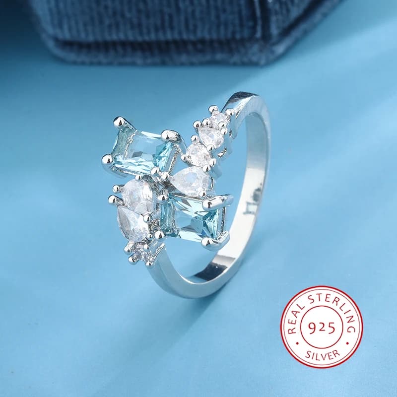 Bague exquise pour femmes, bague en Zircon aigue-marine, en argent 925, bijoux de fête, de mariage,