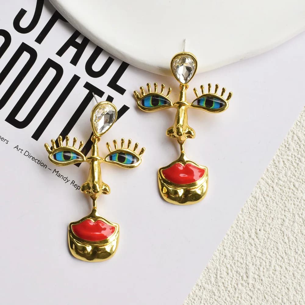Collier pendentif yeux en métal de style baroque pour femme, lèvres rouges, bijoux ethniques vintage