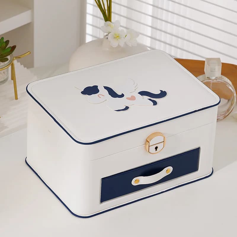 Boîte de rangement pour bijoux, boîte de rangement à deux niveaux avec serrure, boîte de rangement e