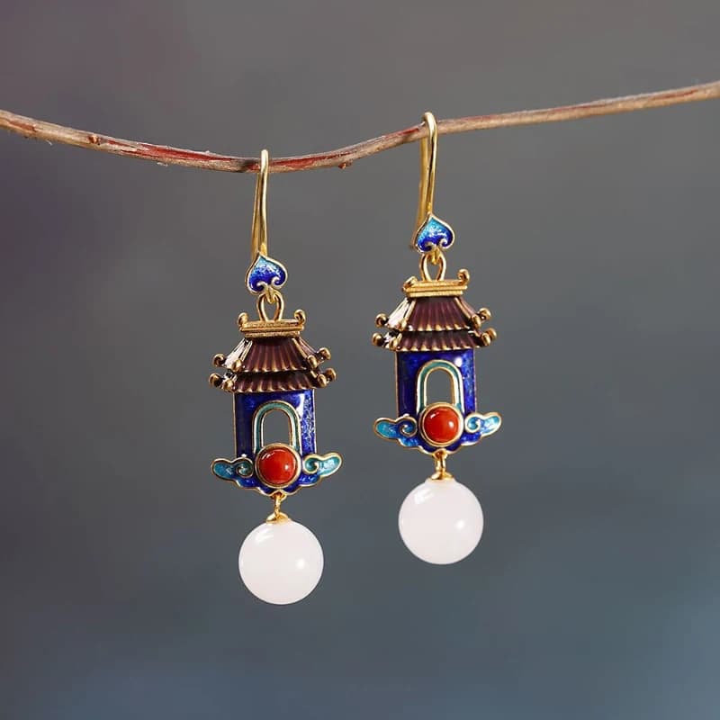 Boucles d'oreilles exquises et luxueuses en forme de cour pour femmes, bijoux en porcelaine de style