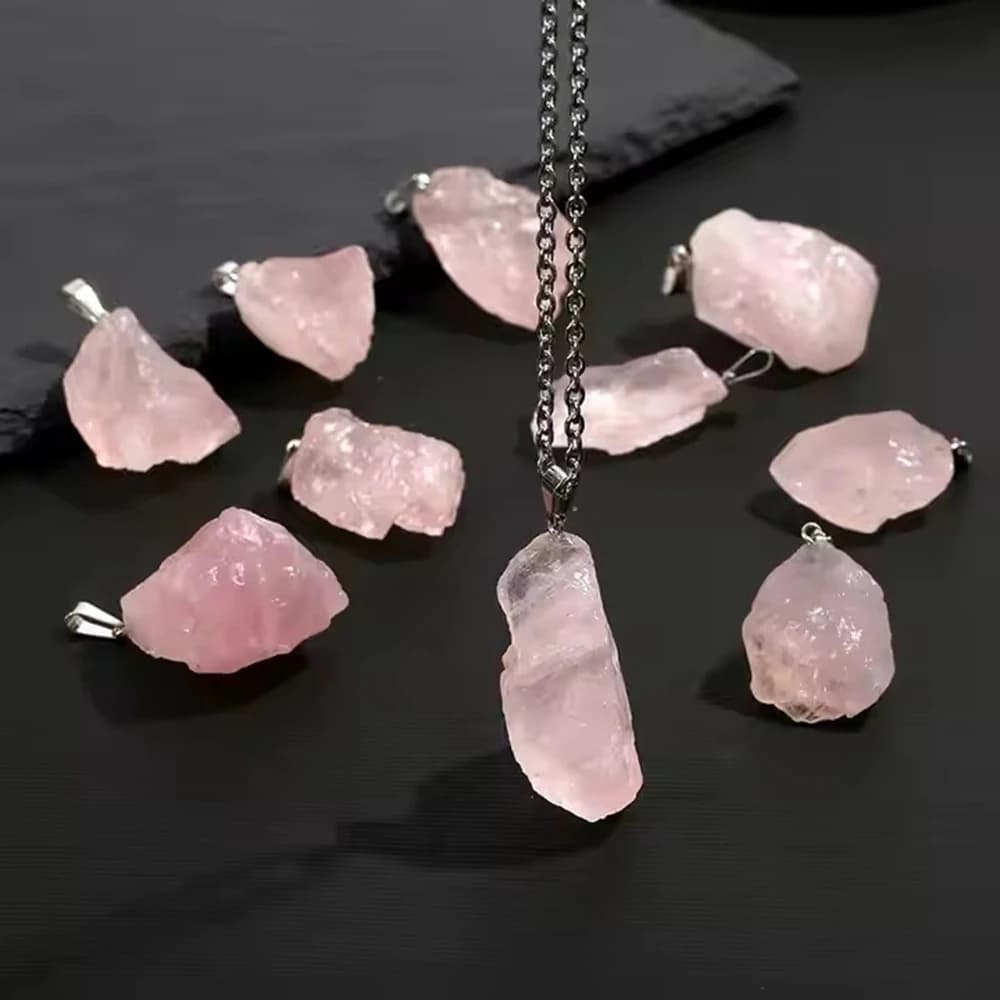 Collier avec Pendentif en Pierre Naturelle pour Homme et Femme, Clip, Quartz Rose, Lomzy
