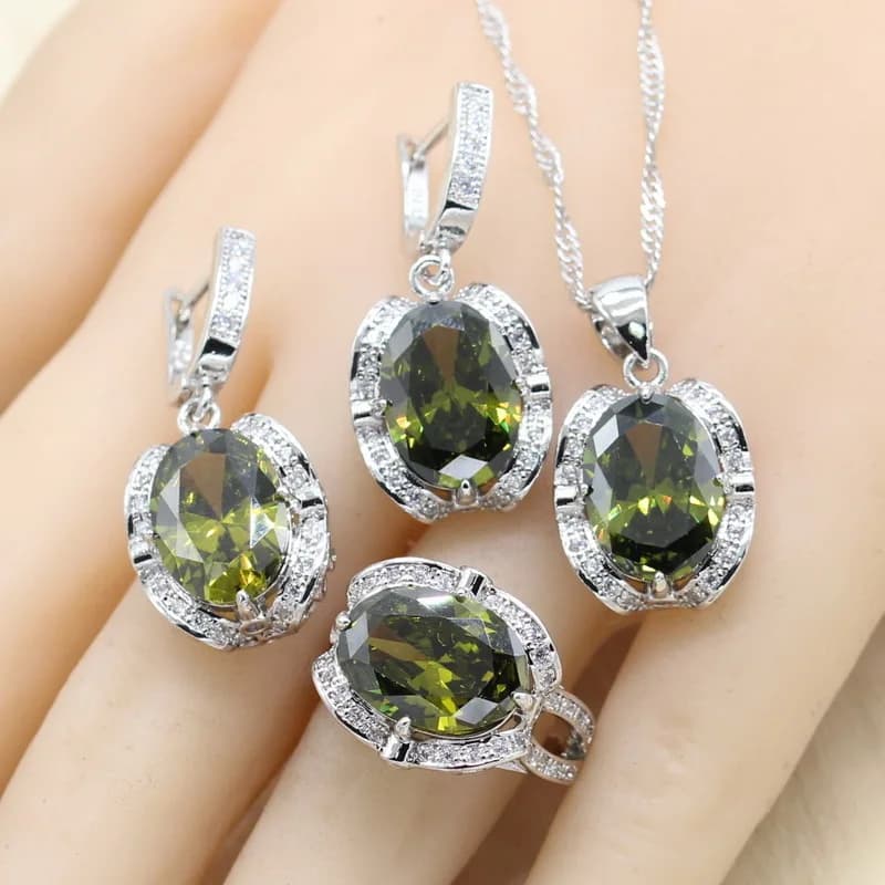 Ensembles de bijoux en argent CZ vert olive pour femmes, boucles d'oreilles de mariage, bracelet, ma
