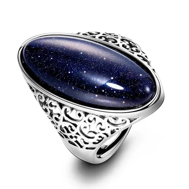 Bague rétro en argent, bijoux Vintage en pierre de grès bleue, grande pierre de luxe élégante, cadea