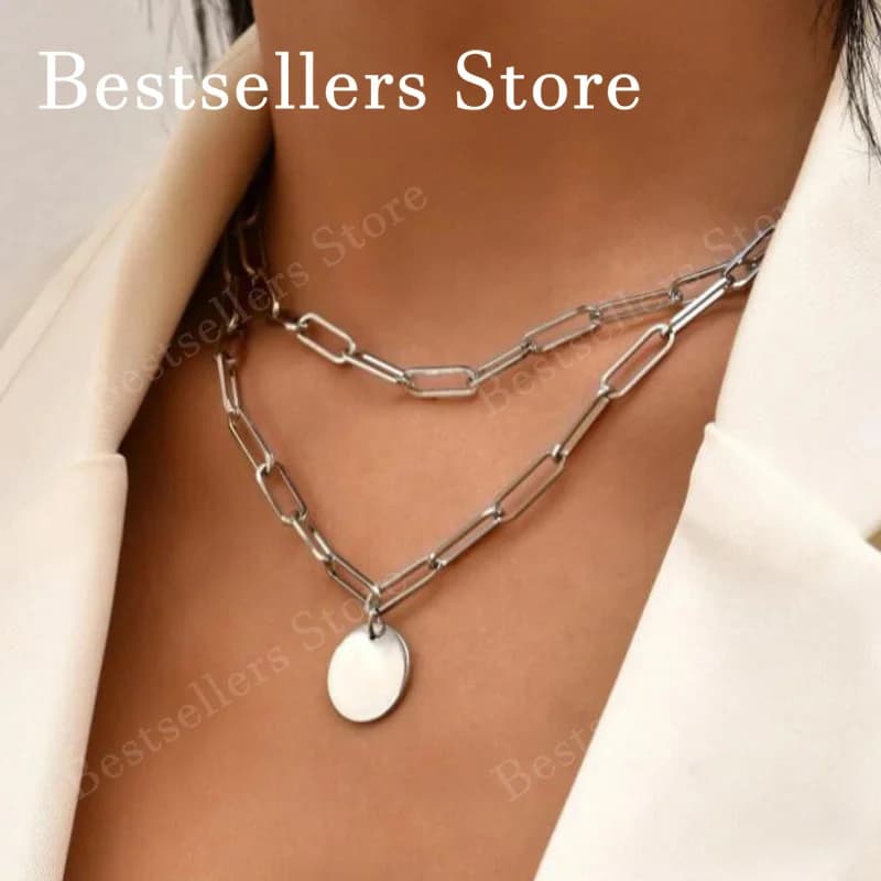Collier à breloques rondes à double couche en argent sterling 925/plaqué or de 18 pouces – Bijoux él