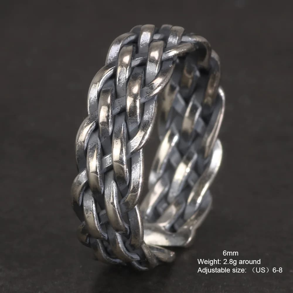 Bagues tressées en argent regardé 925 pour hommes et femmes, bijoux viking, rétro, punk, réglables