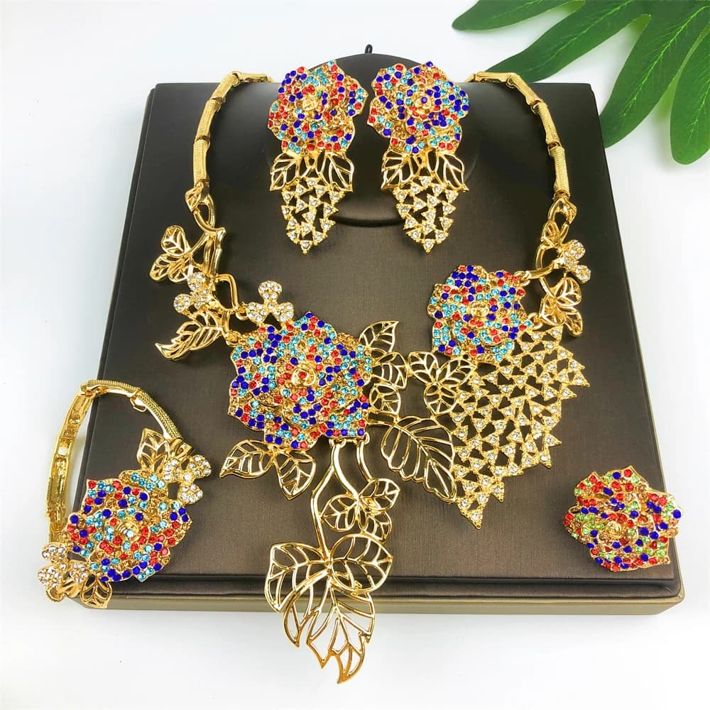 Ensemble de bijoux plaqués or 18 carats vintage pour femmes, collier, boucles d'oreilles, bracelet,