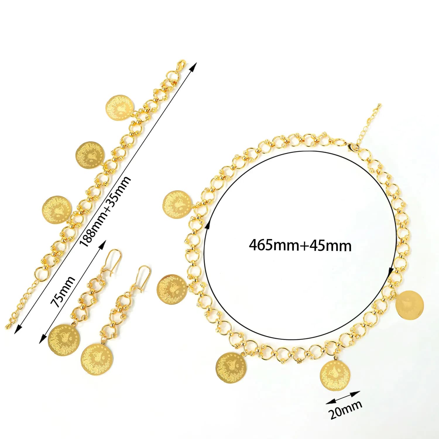 Ensemble de bijoux en pièces de monnaie turques plaqué or 24 carats, collier, bracelet et boucles d'