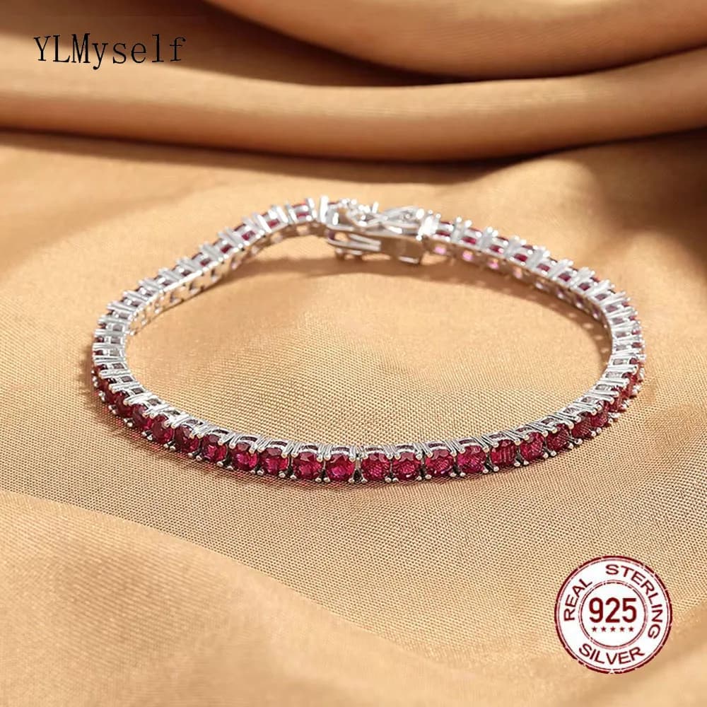 YLMyself Bracelet Tennis Argent 925 Rubis Rouge Foncé # Bijoux en zircone cubique pour femmes, 8 breloques porte-bonheur, chaîne fine, cadeau