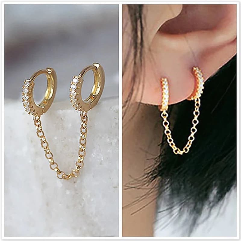 Huitan – boucles d'oreilles Piercing à deux trous pour femmes, une pièce, cristal brillant, Zircon, 3 couleurs métalliques, chaîne, bijoux de fête, offre spéciale