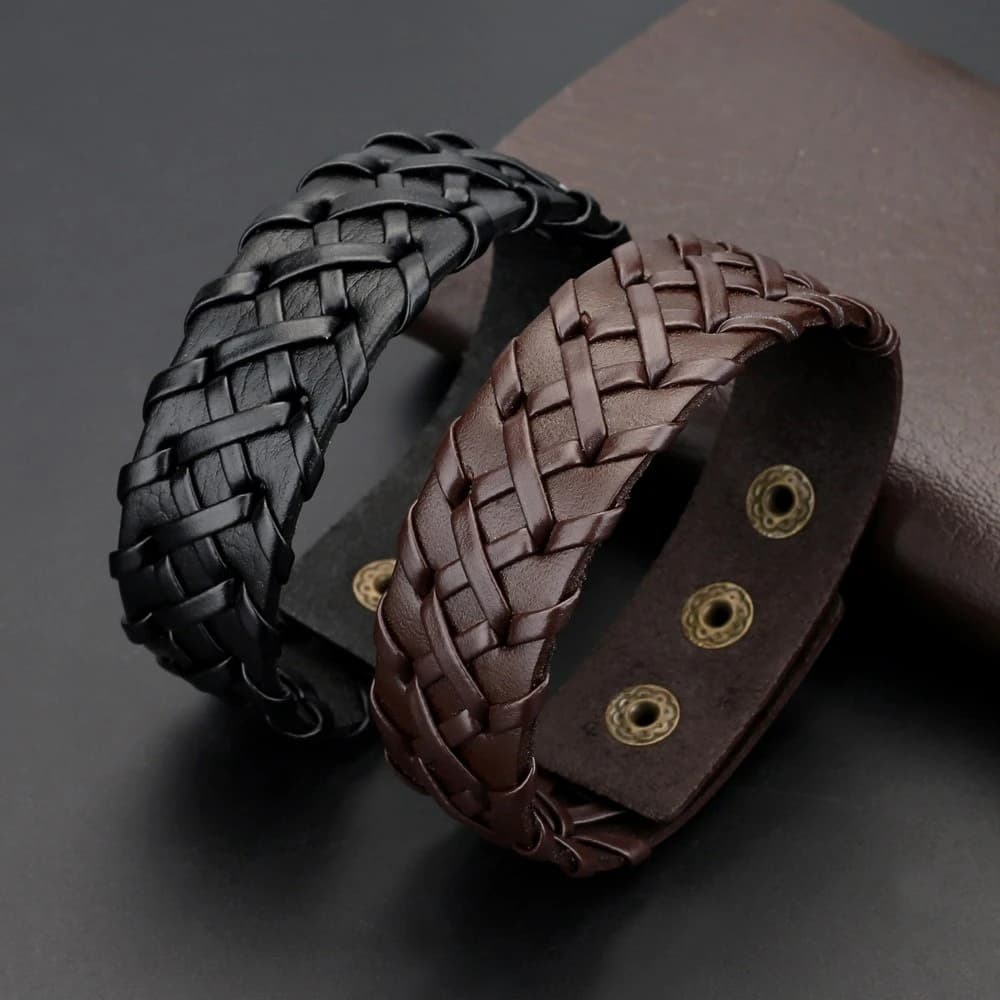 Bracelets en cuir PU personnalisés pour hommes, bracelet de manchette, tissage fait à la main, lisse, vintage, 2024