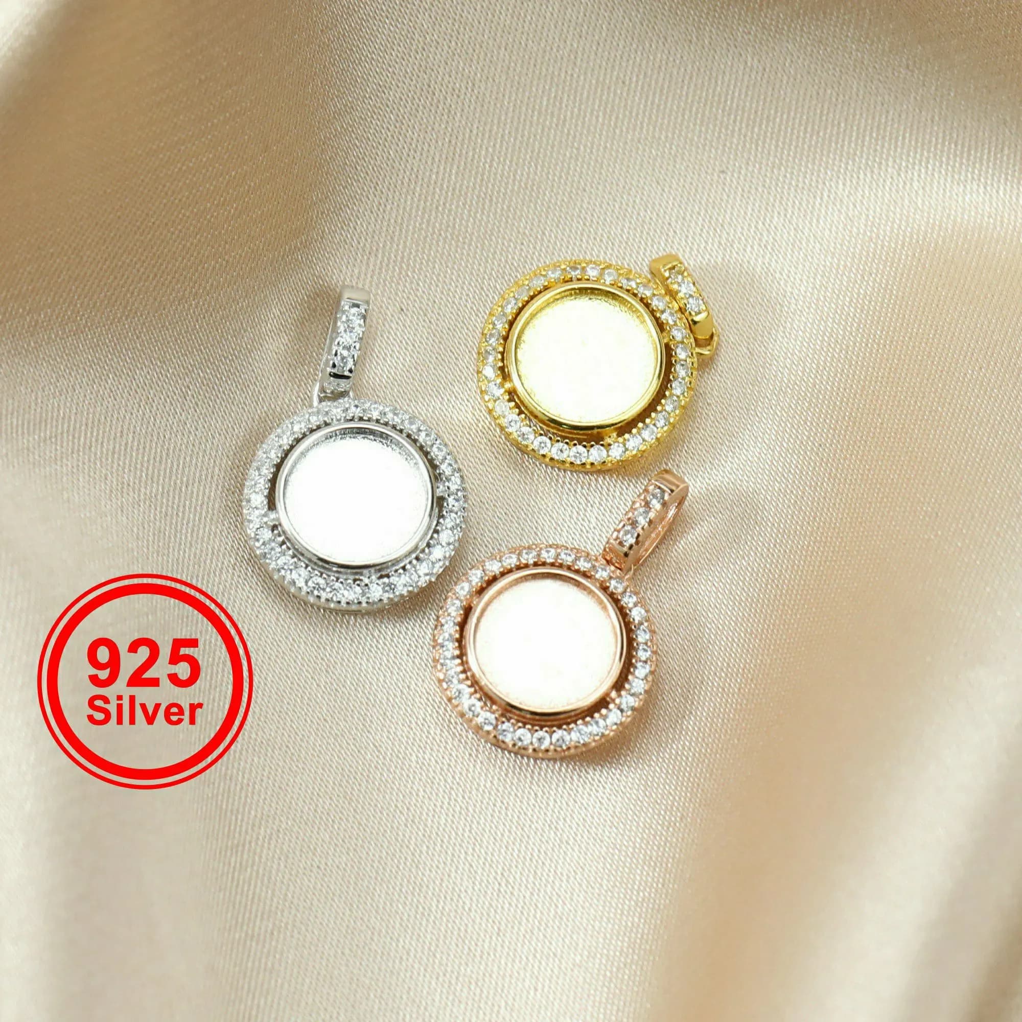 Pendentif rond en résine pour lait maternel, cadre de 8 mm, base solide, monture cabochon, charme halo en argent sterling 925, 1411273