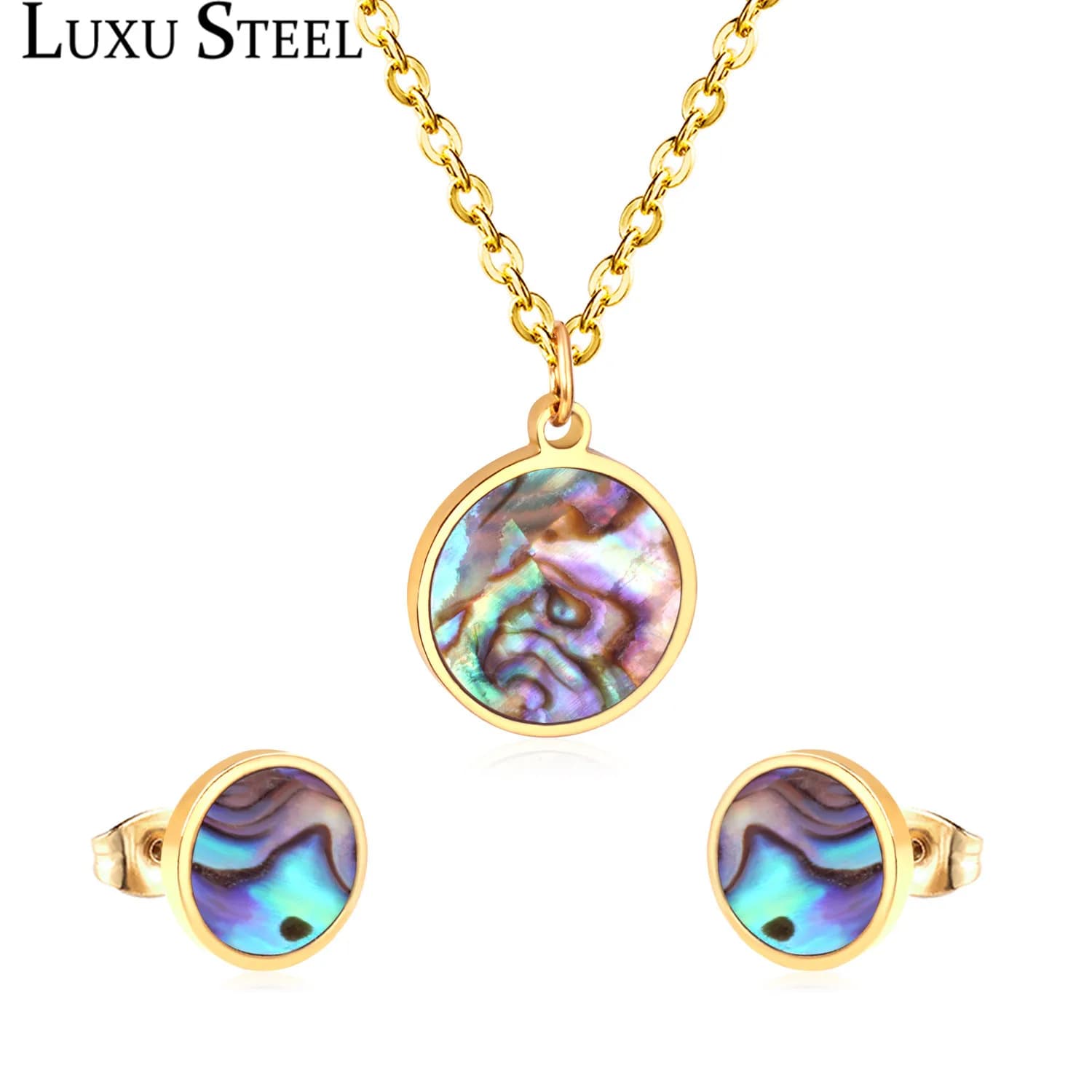 LUXUSTEEL – ensemble de bijoux hip-hop pour femmes, collier avec pendentif rond en forme d'œil, en acier inoxydable, couleur dorée, Bijoux