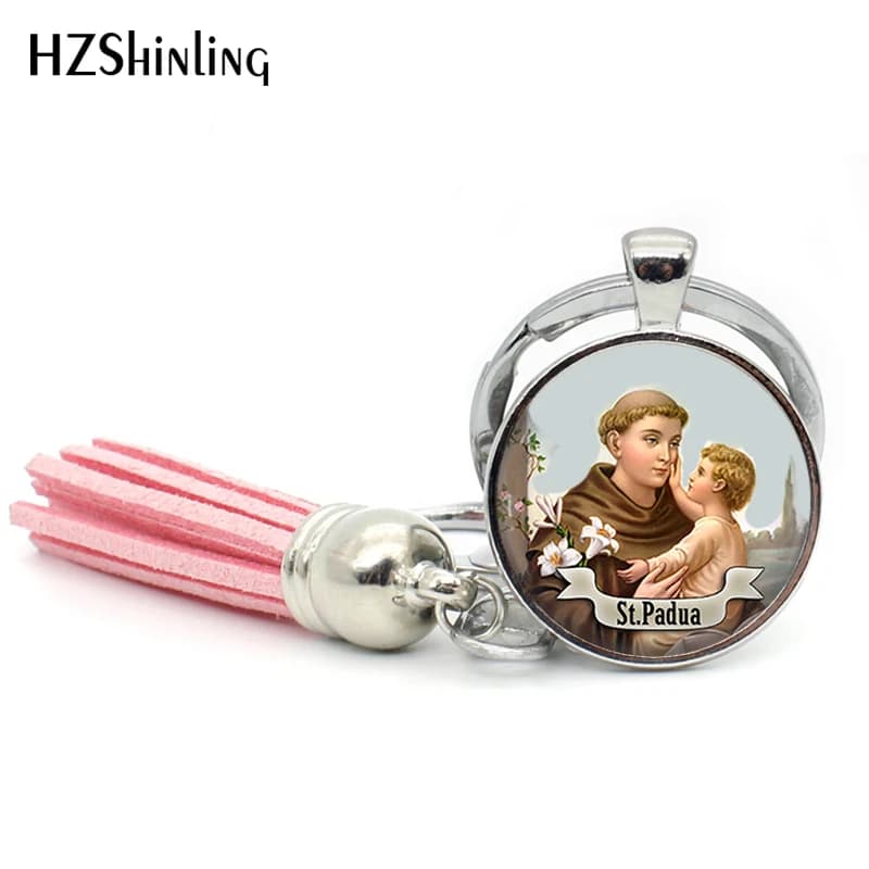 Porte-clés pendentif Saint Saint Anthony de Padoue, cabochon de bijoux, porte-clés pompon religieux, art, 2017