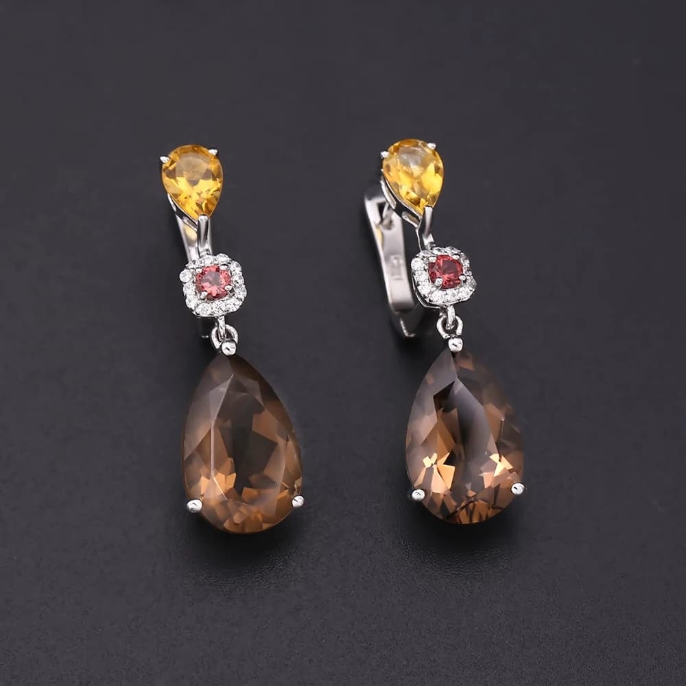 GEM'S BALLET MixGemstones naturel fumé Quartz Citrine grenat boucles d'oreilles 925 en argent Sterling boucles d'oreilles pour les femmes bijoux fins