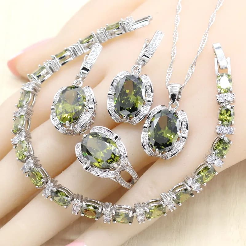 Ensembles de bijoux en argent CZ vert olive pour femmes, boucles d'oreilles de mariage, bracelet, matiques, collier, pendentif, boîte-cadeau