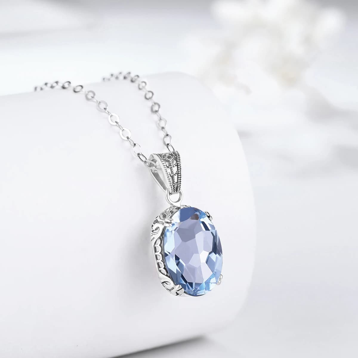 Collier unique en argent sterling 925, pendentif en pierres précieuses aigue-marine avec chaîne pour femmes, filigrane de cygne floral vintage