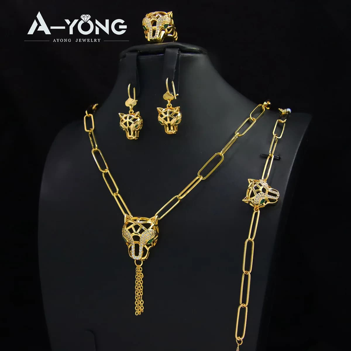 Ensemble de bijoux tête de léopard Hip Hop plaqué or 21 carats