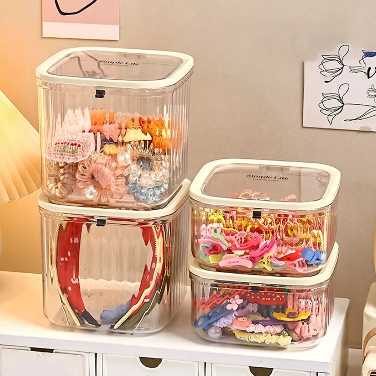 Boîte de rangement d'accessoires pour cheveux, boîte à bijoux à pression sur le bureau, avec couvercle, boîte d'organisation de pinces à cheveux avec bandeau en caoutchouc pour filles 1 pièce