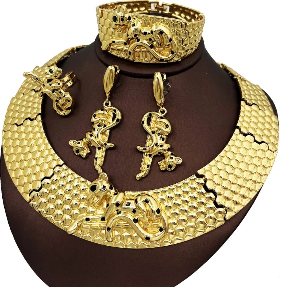 Grand ensemble de bijoux de luxe plaqué or 18 carats, collier léopard, Bracelet épais, forme animale, boucle d'oreille, bague, bijoux de dubaï, cadeau 2025