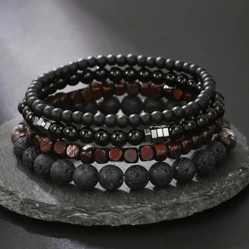 4 pièces/ensemble pierre de galle noire pierre volcanique perles de bois multicouche hommes combinaison Bracelet élastique pour Couple amis bijoux