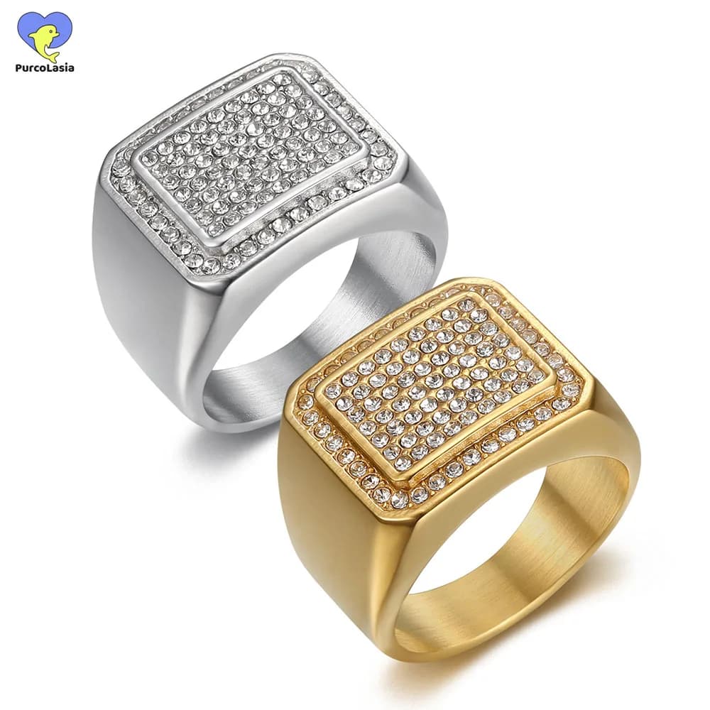 Bague Hip Hop en acier inoxydable pour hommes, sans rouille, de haute qualité, Punk, plein de strass, bijoux