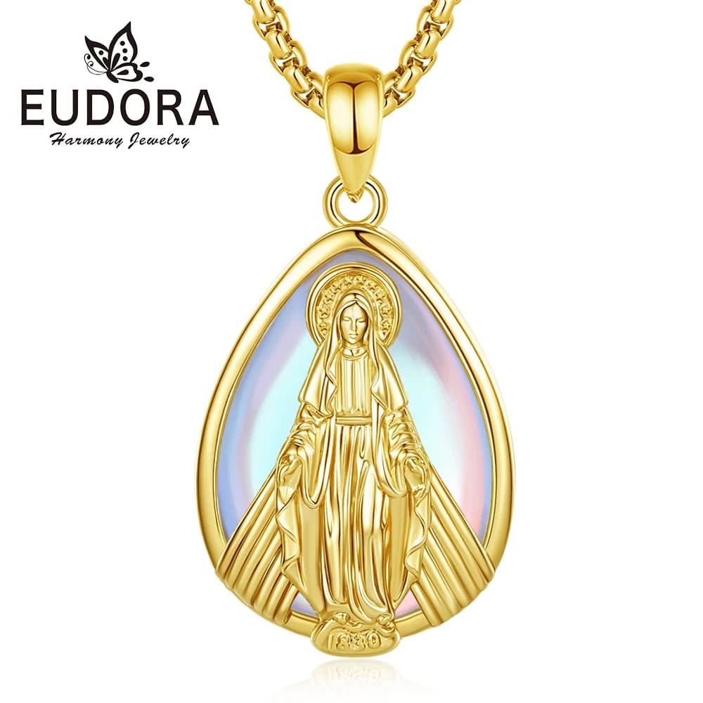 Collier Eudora Vierge Marie Pierre de Lune, Pendentif en Pierre de Guérison, Amulette Catholique Chrétienne, Bijou Énergétique, Cadeau Fête des Mères