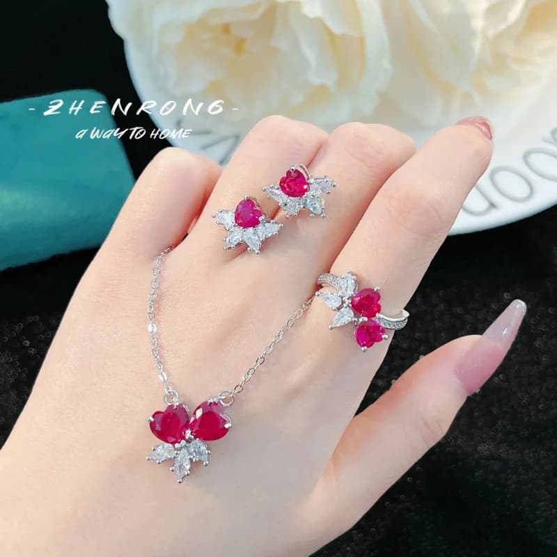 Ensemble de bijoux en argent pur 925 avec rubis rouge en forme de cœur, cadeau de mariage luxueux et exquis