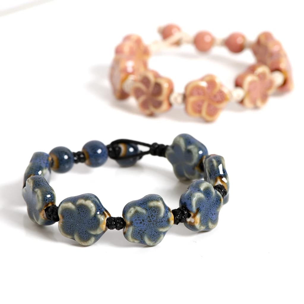 Bracelet à fleurs en céramique fait à la main, cordon réglable de 16 à 18cm, bijoux avec perles émaillées roses ou violettes pour bricolage Style Boho S02-057