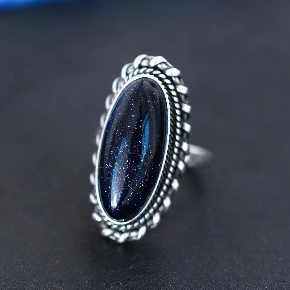 Bague rétro en argent, bijoux Vintage en pierre de grès bleue, grande pierre de luxe élégante, cadeau fin pour femmes et hommes