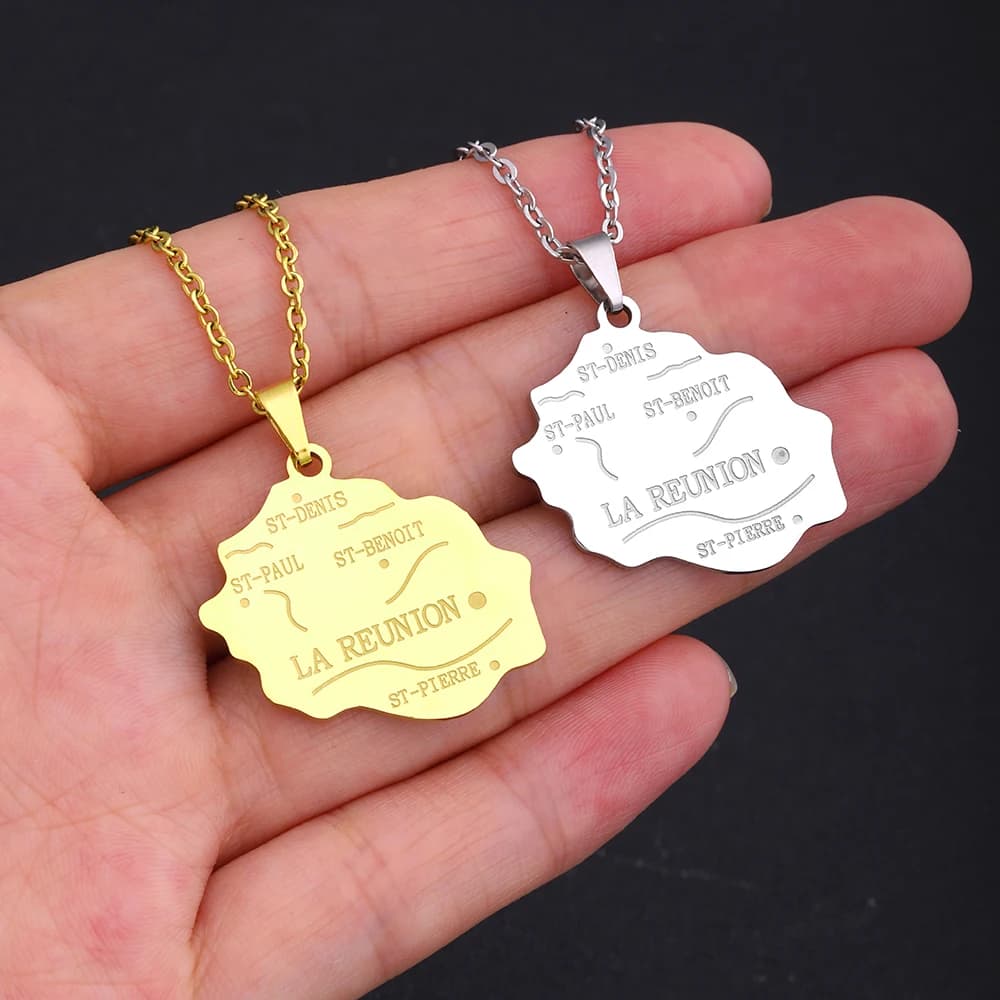 Collier pendentif carte de l'île de la réunion de France en acier inoxydable pour femmes et filles, breloque couleur or argent, ras du cou à la mode, bijoux